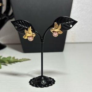 Birds with pink ceramic rose bud earrings